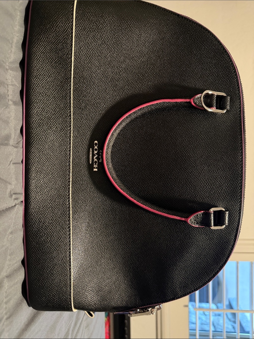 Coach Black Leather Dome Satchel with Pink Trim